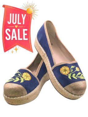 Jax & Bard Embroidered Espadrille Platform Flats Blue Gold Floral Suede Size 39